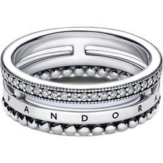 Pandora Signature Logo Pavé & Beads Ring - Silver/Transparent