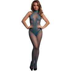 High neck fishnet and lace bodystocking, blue