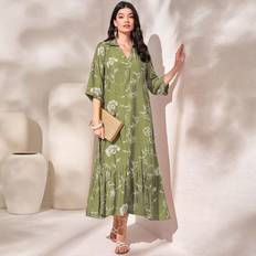 Blommiga - Gröna - Långa klänningar Shein Floral Print Ruffle Hem Smock Dress