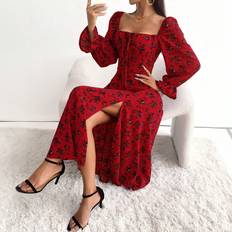 Blommiga - Långa klänningar - Röda Shein Women's Split Floral Print Maxi Dress With Square Neckline And Side Slit