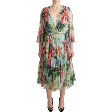 Dolce & Gabbana Blommiga - Midiklänningar Dolce & Gabbana Green Floral Long Sleeves V-neck Midi Dress IT42