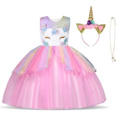 Uraqt Princess Unicorn Dress with Necklace & Headband Light Pink