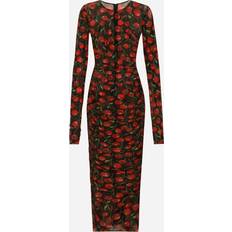 Dolce & Gabbana Cherry-print tulle calf-length dress with draping