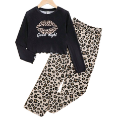 Övriga sets Shein Tween Girl Leopard & Letter Graphic Lettuce Trim PJ Set