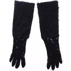 Dolce & Gabbana Handskar & Vantar Dolce & Gabbana Black Lace Wool Lambskin Fur Elbow Gloves
