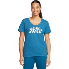 Nike Blåa - Dam - Kort ärmar - Polyester T-shirts Nike Dri-FIT W träningst-shirt INDUSTRIAL BLUE/PURE/HTR/WHITE Dam