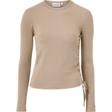Calvin Klein Dam - Elastan/Lycra/Spandex T-shirts Calvin Klein Topp Modal Rib Gathered LS Tee Beige 44/46