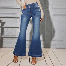 Modal Jeans Shein Women'S Washed Denim Distressed Flare Jeans