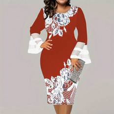 Blommiga - Långa klänningar - Röda Shein Plus Floral Print Bell Sleeve Dress