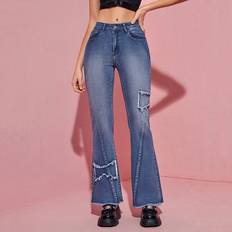 Modal Jeans Shein Women'S Water Wash Flare Jeans With Raw Hem Decoration