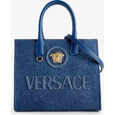 Versace Blåa Handväskor Versace Womens Navy Blue Gold Medusa Cotton Tote bag