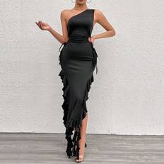 Shein Dam - Midiklänningar Kläder Shein Solid Color Off Shoulder Hollow Out Split Maxi Dress