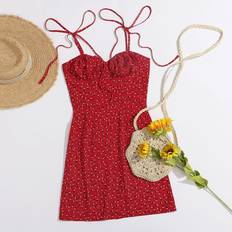 Blommiga - Korta klänningar - Röda Shein Tie Shoulder Ruched Bust Ditsy Floral Cami Dress