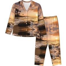 ELRoal Women's Pajamas Beach Sunset Print Nightgown Long Sleeve Set - Multicolour