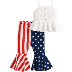 Shein Babygirl Cute Knitted Solid Color Ruffle Strap Camisole Top & Splice Stripe Flare Pants Set