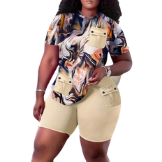 Shein Slayr Plus Size Full Printed Short Sleeved Top And Shorts Set