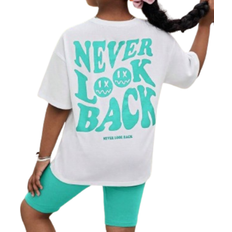 Övriga sets Shein Teenager Mädchen Buchstaben & Cartoon Gesicht Muster, Drop Shoulder T-Shirt mit & Radlerhose mit
