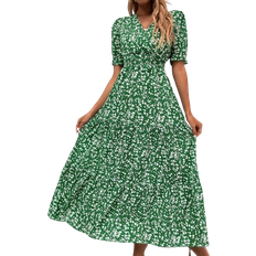 Blommiga - Gröna - Långa klänningar Shein VCAY Ditsy Floral Print Puff Sleeve Shirred Dress