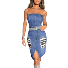 Shein BAE Strapless Denim Dress With Distressed And Glittering Design