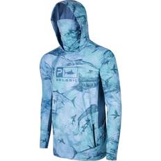 Pelagic Fiskekläder Pelagic Exo-Tech Hooded Gyotaku Long-Sleeve Fishing Shirt for Men Blue