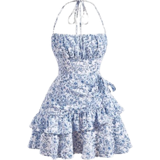 Blommiga - Korta klänningar - M - Vita Shein Mod Floral Print Ruffle Trim Tie Backless Ruched Bust Layered Halter Summer Short Dress