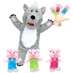 Fiestacrafts Big Bad Wolf & Three Little Pigs Hand & Finger Puppet Set