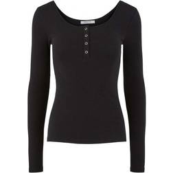 Pieces Button Front Ribbed Top - Black