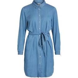 Vila Bista Tie Waist Denim Dress - Blue/Medium Blue Denim