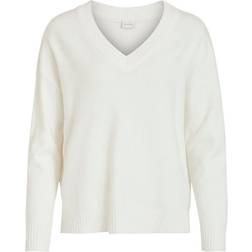 Vila Ril Oversize V-Neck Knitted Pullover - White/White Alyssum