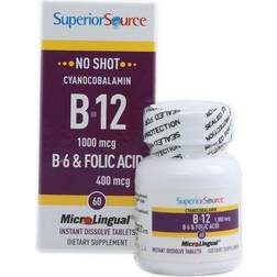 Superior Source No Shot B-12 Cyanocobalamin with B6 and Folic Acid 1000 mcg 60 Instant Dissolve Tablets
