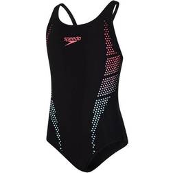 Speedo Girl's Plastisol Placement Muscleback Swimsuit - Black/Psycho Red/Chill Blue