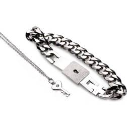 XR Brands Chained Locking Bracelet and Key Necklace Couples Set - Silver/Transparent