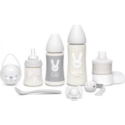 Suavinex Premiumset för nyfödda babyflaska 150 ml 270 ml 360 ml mjölkdispenser napp fysiologisk silikon napp för spädbarn 2-4 månader nappkedja skedar, färg grå