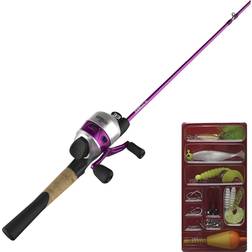 Zebco 33 Spincast Reel and Fishing Rod Combo, 5-Foot 6-Inch 2-Piece Fiberglass Rod, Quickset Anti-Reverse Fishing Reel with Bite Alert, Includes 29-Piece Tackle Kit, Pink