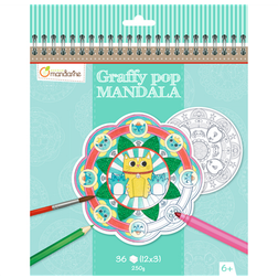 Avenue Mandarine GY030O målarbok Graffy Pop Mandala, ritpapper 250 g, förskurna former, 12 motiv upprepas tre gånger vardera, perfekt för barn från 6 år, 1 styck, djur