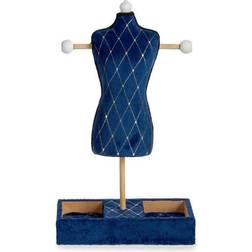 Gift Decor Rhombus Wood Velvet Jewellery Box - Blue