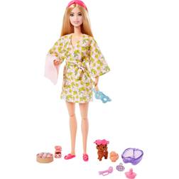 Barbie Barbie-docka, barnleksaker, blond docka med hundvalp, Barbie-set, spadag, citronmönstrad badrock, hårband och ögonmask, återhämtningsserie, HKT90