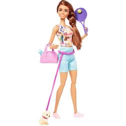 Barbie Barbie-docka, barnleksaker, brunhårig docka med hundvalp, Barbie-set, träningstema med tillbehör, återhämtningsserie, rullskridskor och tennis, HKT91