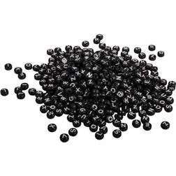 Rayher 16054576 plastbokstavspärlor, runda, 6 mm ø, svart, dubbelsidig svarta bokstäver, 40 g (ca 400 stycken) saliv- och svettäkta, pärlor för smycken och hantverk