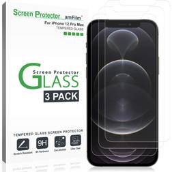 AmFilm (3 Pack) iPhone 12 Pro Max Skärmskydd (2020) Fodralvänligt (Enkel Installation) Härdat Glas Helskärmsskydd för iPhone 12 Pro Max (6.7"