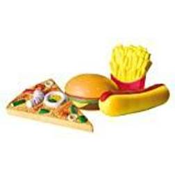 Roba 98146 Squishies set med 4 "Fast Food" pizza, varmkorg, flisor, hamburgare, anti-stress leksak, butik och kökstillbehör, flerfärgad