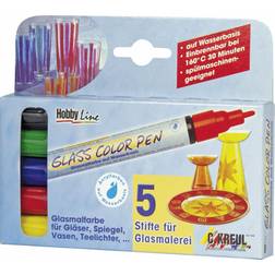 Kreul 42650 – Glas och porslin penna set klar, 4 pennor i gult, rött, blått, grönt och konturpenna svart, linjetjocklek ca 2–4 mm, transparent vattenbaserad glas- och porslinsmålningsfärg