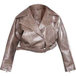 PrettyLittleThing Faux Leather Relaxed Fit Belted Biker Jacket - Plus Brown Distressed