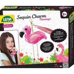 Lena 42659 pysselset paljett charm flamingo, komplett set för 1 paljettlyckobringare/nyckelring med konstläder band, pärlor, nål, fyllighet ull och instruktioner, set för barn från 8 år