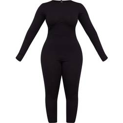 PrettyLittleThing Shape Rib Underbust Detail Long Sleeve Jumpsuit - Black