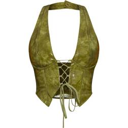 PrettyLittleThing Washed Faux Leather Lace Up Plunge Halterneck Top - Olive