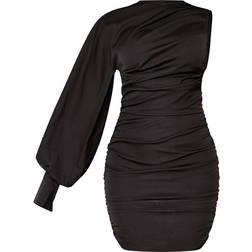 PrettyLittleThing One Sleeve Ruched Woven Bodycon Dress - Black