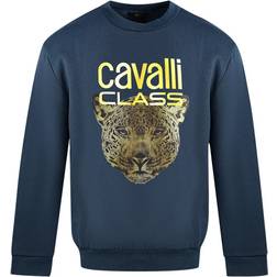 Roberto Cavalli Men's Class Leopard Print Logo Jumper - Navy Blue