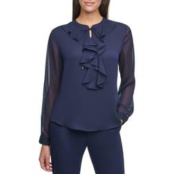 Tommy Hilfiger Women's Classic Long Sleeve Ruffle Front Blouse, Midnight