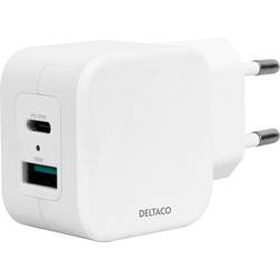 Deltaco USB wall charger, 1x USB-A 18 W, 1x USB-C PD 20 W, white